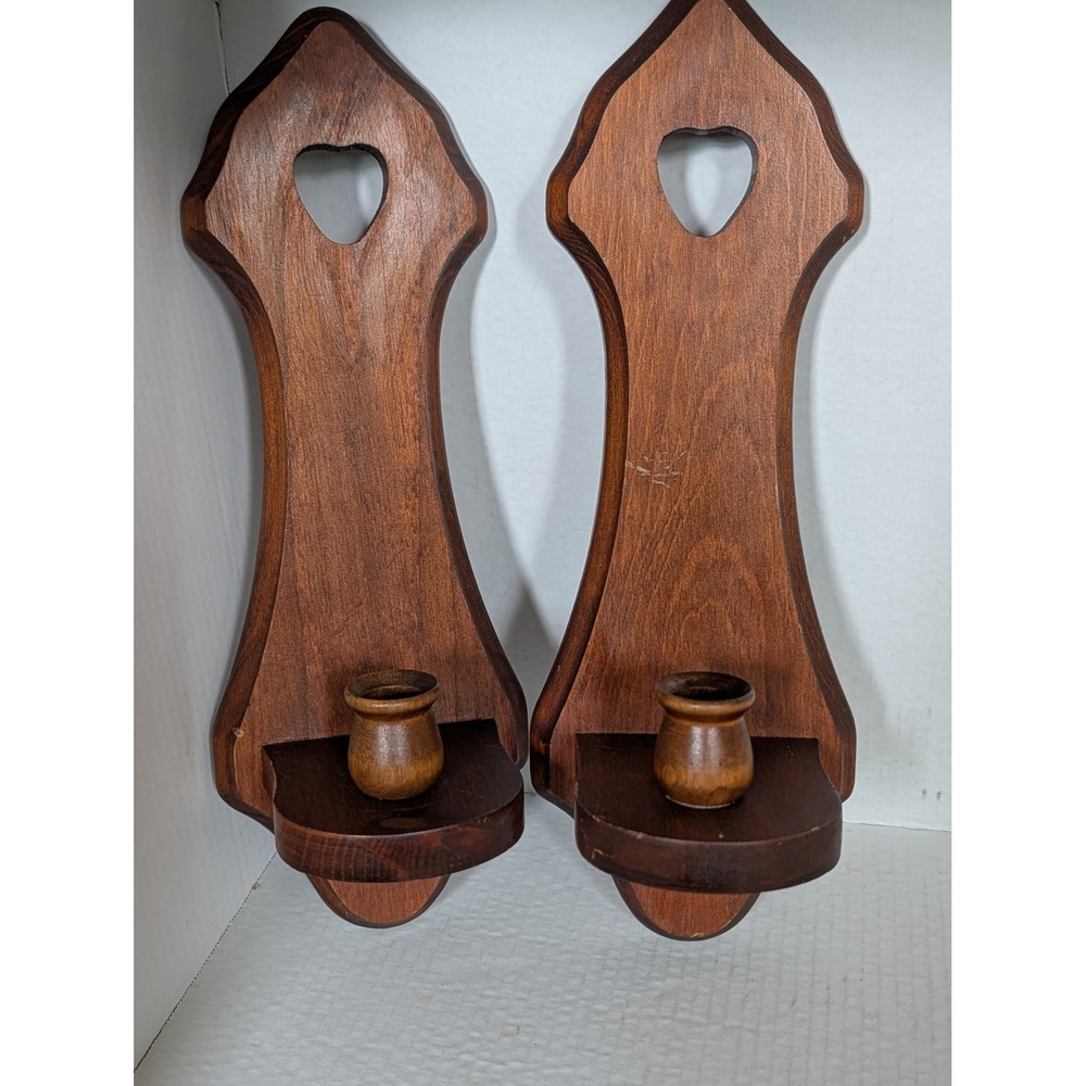 Pair Wooden Wall Candle Holders Heart Cutout Rustic Country Farmhouse Decor